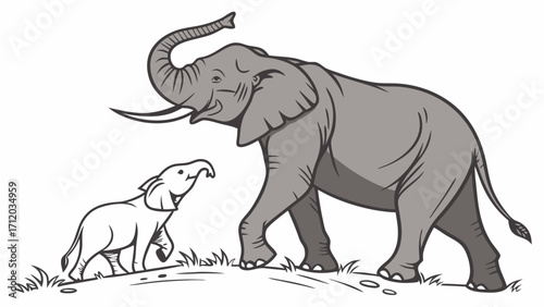 Adult Elephant and Calf Walking Together Grey Scale Illustration Wildlife Art.