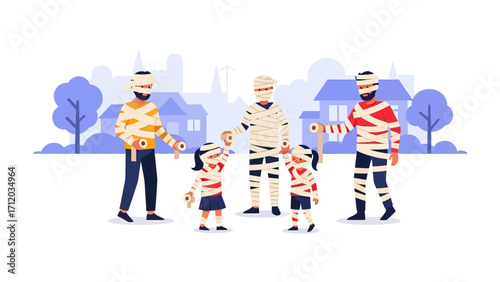 Mummy Family Gathering: A heartwarming and playful family dressed as mummies gathering in front of houses on Halloween night, sharing smiles and creating memories. 