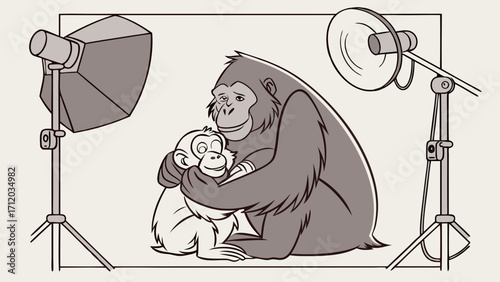Affectionate primates in a studio setting embracing during a photoshoot cartoon illustration wildlife photography concept heartwarming animal scene.