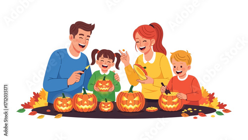 Spooky Family: A cheerful family is deeply engrossed in carving pumpkins, as the vibrant colors of autumn leaves create an unforgettable scene.