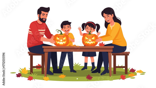 Halloween Pumpkin Carving: A heartwarming family gathers around a table to carve pumpkins together, celebrating the joyful tradition of Halloween with smiles and creativity.