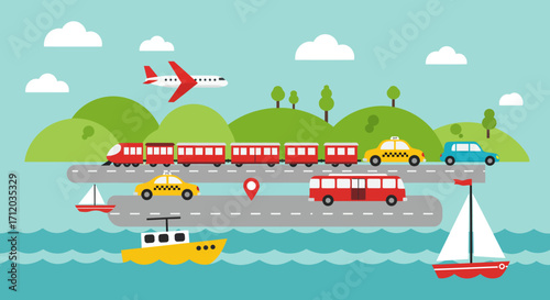 A transport graphic with airplane train cars bus boats Sky land water compose the setting
