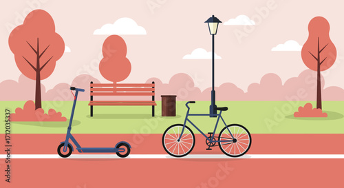 A park scene features a scooter bicycle bench trees lamppost trash can and clouds