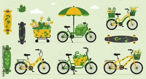 Illustration features various bicycles and skateboards decorated with flowers and leaves set against a light green backdrop