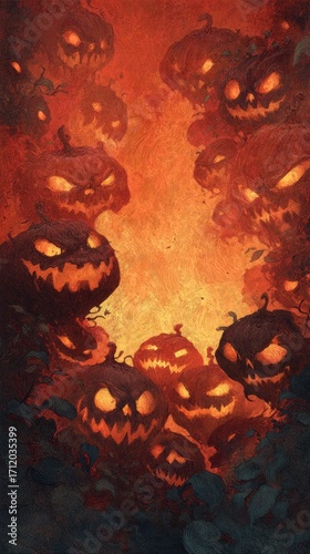 A dramatic field of carved jackolanterns with vibrant autumn leaves