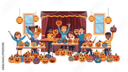 Halloween Fun: Group of children gather to showcase their spooky pumpkin carvings, capturing the essence of creative joy and the spooky spirit. 