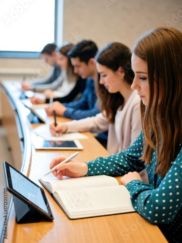 Students engaged in learning classroom educational session indoor environment side view study techniques