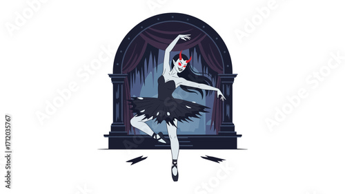 Enchanting Ballerina on Stage: A graceful ballerina in a dark costume pirouettes elegantly on stage, the focus is drawn to the delicate dance as she embodies the poise and mystery of performance.