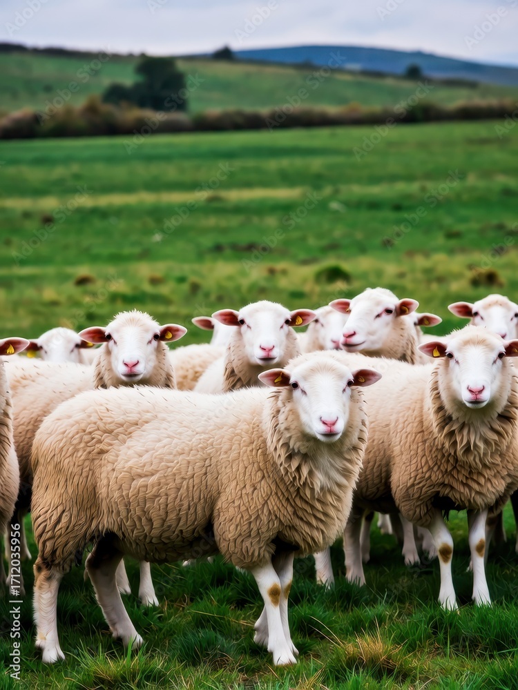 Obraz premium Sheep grazing in green pastures countryside farm nature photography scenic environment wide angle rural life