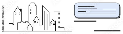 Outlined city skyline with diverse building shapes and text box for messages. Ideal for architecture, urban planning, communication, real estate, education, technology, modern design. Simple flat