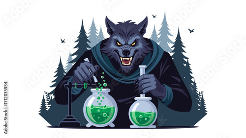 Mysterious Alchemist: A mystical werewolf alchemist in a shadowy forest setting, meticulously combining potions in a laboratory with bubbling concoctions and an air of enigmatic alchemy. 