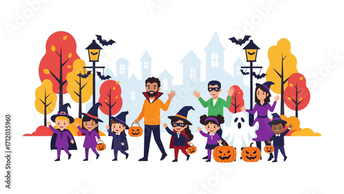 Happy Halloween Parade: A cheerful parade of costumed children and adults, overflowing with playful energy, parades through a Halloween-themed town. Featuring pumpkins and lanterns.