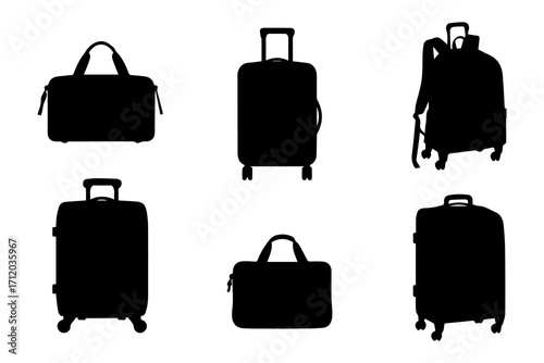 collection of black luggage silhouettes including suitcase backpack handbag and travel bag set isolated on white background perfect for travel icons tourism design templates and vector illustrations