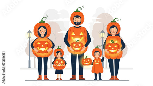 Halloween Pumpkin Family: A family joyfully embraces the Halloween spirit, dressed in charming pumpkin costumes, carrying glowing jack-o'-lanterns that brighten the holiday night.