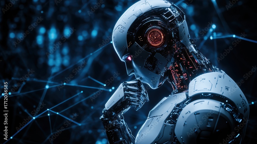 Fototapeta premium Pensive futuristic robot contemplates digital connections in a high tech cyber environment