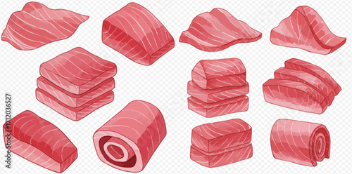 An illustrated collection of various raw tuna fish meat cuts, including fillets, steaks, and sashimi slices, isolated on a transparent background.