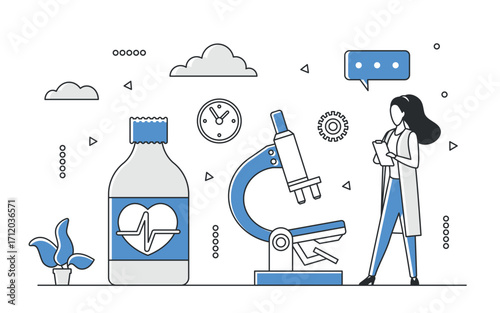 Medical research scene with scientist, microscope, medicine bottle, and lab elements in blue monocolor style, isolated on white background vector illustration