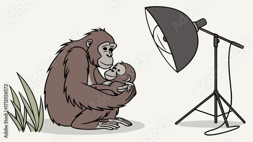 Cartoon primate mother and baby in a photography studio setting.