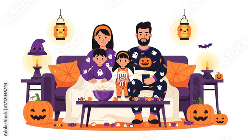 Family's Spooktacular Eve: A family nestled together, watching a movie surrounded by festive Halloween decor: pumpkins, lanterns, and a cozy ambiance, embracing the spirit of the season.