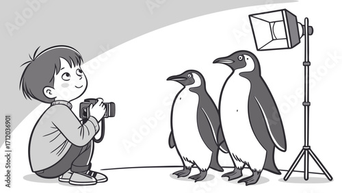 Child Photographer Taking Pictures of Penguins in Studio Setting.