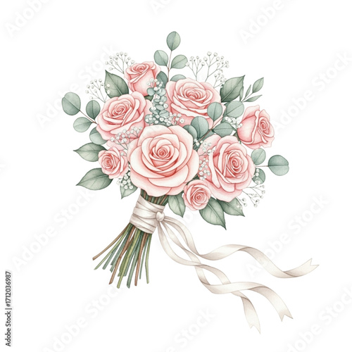 Elegant watercolor wedding bouquet with blush pink roses, eucalyptus, and baby's breath tied with a cream ribbon.