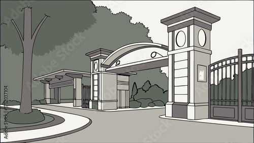 Elegant Estate Entrance with Gate and Archway Landscaping Pathway Greenery Illustration.