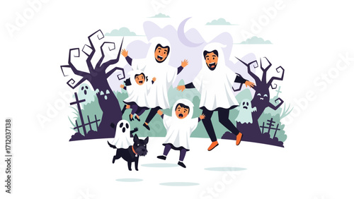 Spirited Halloween Celebration: A family dressed in ghostly costumes joyfully leaping amidst a whimsical scene filled with spooky trees and playful ghosts, celebrating the essence of Halloween spirit.