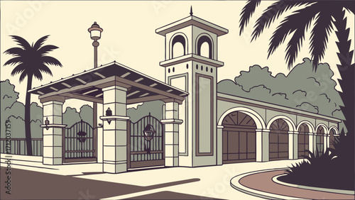 Elegant Estate Gate and Courtyard Illustration Tropical Style Architectural Design Vector Art.