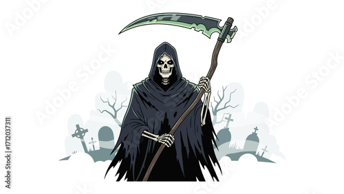 The Grim Reaper: An artist's depiction of the Grim Reaper, embodying the essence of death with its skeletal form, long robe, and a scythe against a backdrop of a graveyard.