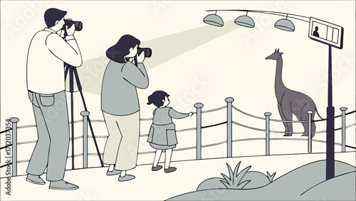 Family taking photos of an animal at a zoo or wildlife park.