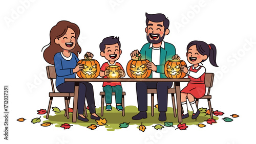 Family Bonding: A heartwarming illustration captures a happy family's Halloween preparations, carving pumpkins together, crafting a festive scene brimming with seasonal cheer and connection.
