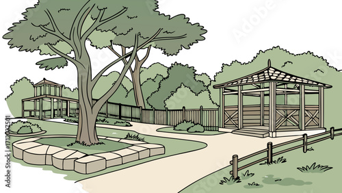 Gazebo park garden trees fence pathway landscape illustration summer outdoor nature scene tranquil setting relaxing peaceful idyllic greenery foliage wooden structure shaded area.