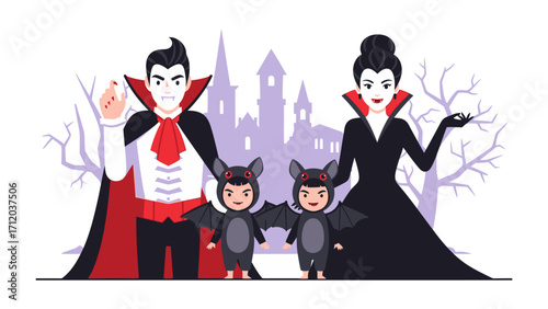 Spooky Family Portrait: A stylized illustration of a vampire family in front of their ominous home, perfect for a themed concept of Halloween. 