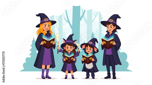 A Spellbinding Quartet: A quartet of enchanting figures, adorned in vibrant witch attire, immerse themselves in the pages of ancient spellbooks, their faces alight with the magical glow.