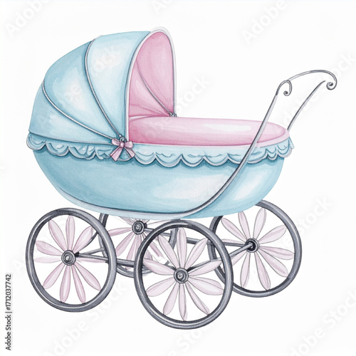 Watercolor Baby Stroller Illustration, Light Blue and Pink Vintage Pram for Newborns and Nursery Decor, Isolated