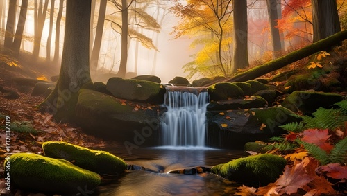 Serene Small Waterfall Cascading Down Mossy Rocks in a Peaceful Forest – Nature and Tranquil Landscape Scene