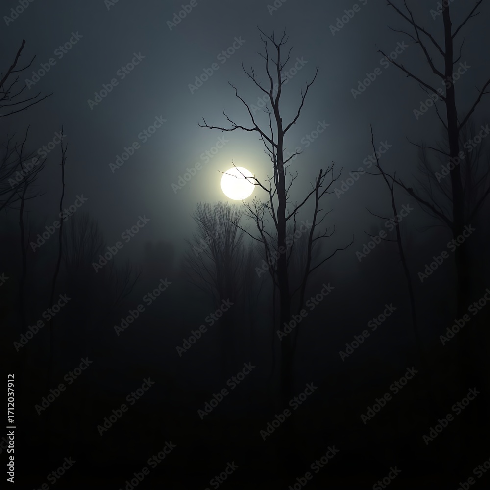 Fototapeta premium Foggy forest with full moon for Halloween