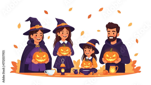 Halloween Family with pumpkin: A family dressed in festive attire, stands ready to enjoy the spooky atmosphere with lit pumpkin lanterns, capturing the spirit of Halloween celebration.