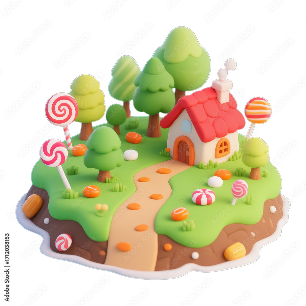 Naklejka premium 3D Candy Cottage with Red Roof, Transparent Background, Whimsical Design Element