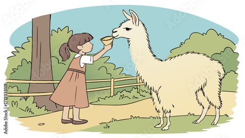 Girl feeding a llama in a park illustration cute cartoon animal childrens book petting zoo wildlife nature scene farm animal friendly llama adorable girl happy scene animal care outdoo.