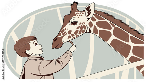A Child Feeding a Giraffe Zoo Illustration Vector Art Wildlife Animal Portrait Kids and Animals Safari Theme Childrens Book Educational Poster Nature Illustration Cartoon Giraffe Friend.