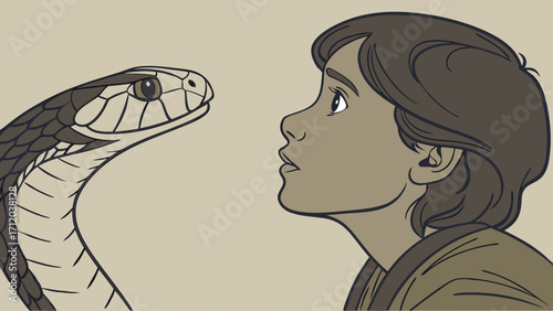 A child and a cobra facing each other in profile illustration drawing art mystical encounter fantasy artwork.