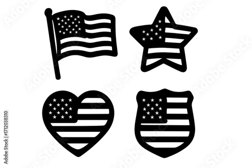 American flag icon set vector collection. USA patriotic symbols in heart, star, and shield shapes. National pride graphic elements. Flat black silhouette for design.