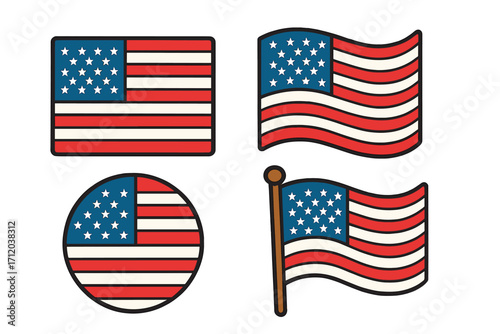 Set of American flag icons. USA national patriotic symbol collection. Vector cartoon illustration of flags: flat, waving, on a pole, and in a circle. Stars and stripes emblem.