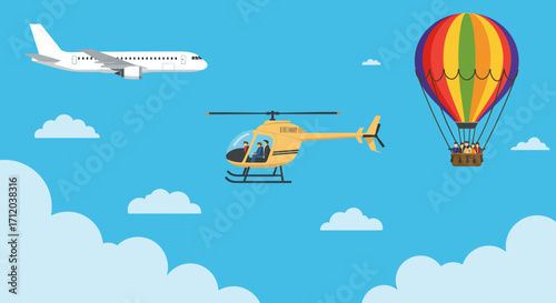 A blue sky with a white airplane yellow helicopter and a colorful hot air balloon Several clouds are in the background