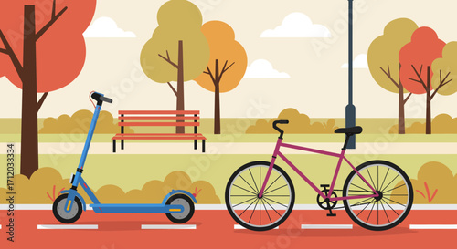 Illustration depicting a bicycle and a scooter on a red path park setting autumn trees and a bench are visible