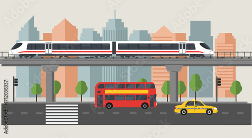 A cityscape illustration An elevated train red doubledecker bus and yellow taxi on the road Buildings in background