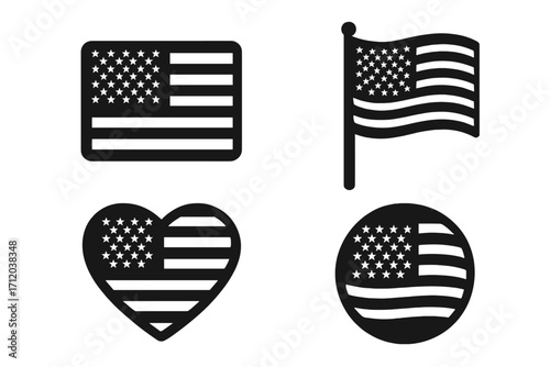 American flag icon set. USA flag silhouette collection. Patriotic symbols for 4th of July, Independence Day. Heart, circle, waving flag shapes. National emblem vector pack.