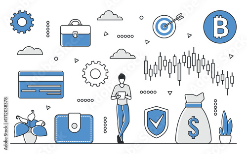 Businessman surrounded by finance icons, including wallet, credit card, bitcoin, chart, and security shield, all in blue monocolor style, isolated on white background vector illustration