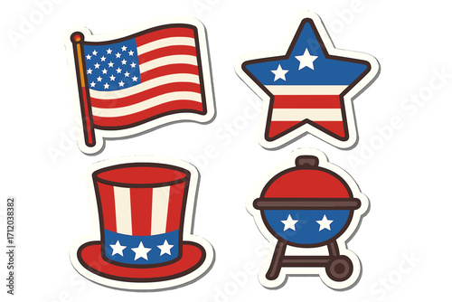Set of patriotic American stickers for 4th of July. USA Independence Day celebration icons. Vector flat cartoon illustration with flag, star, Uncle Sam hat and BBQ grill.